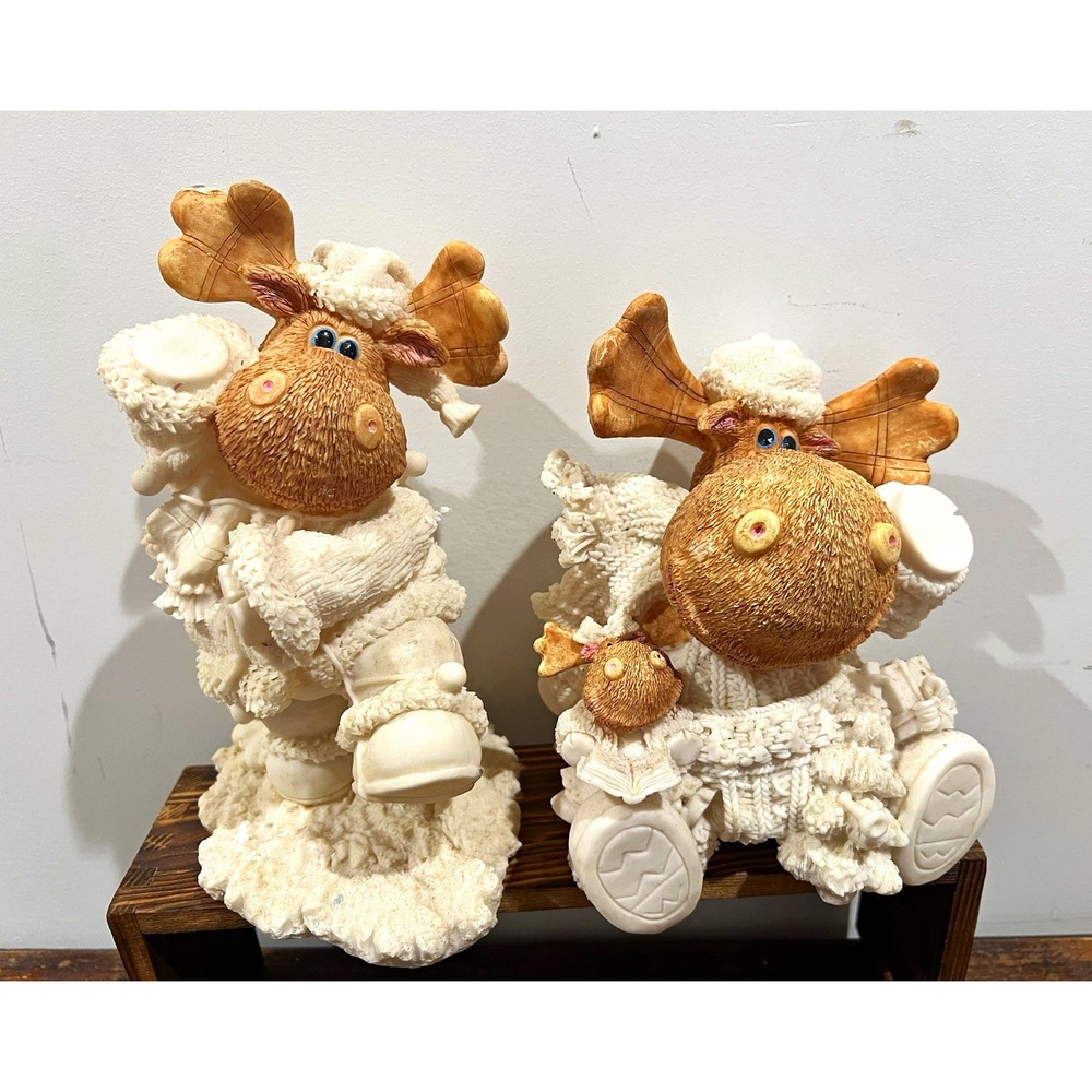 White Christmas Moose Figurines Set of 2 Resin Lodge Decor Painted 3D 9 in